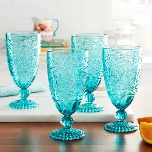 🌺 New Pioneer Woman (4) 14.7-Ounces Amelia Teal Blue Glass Goblets - Picture 1 of 9